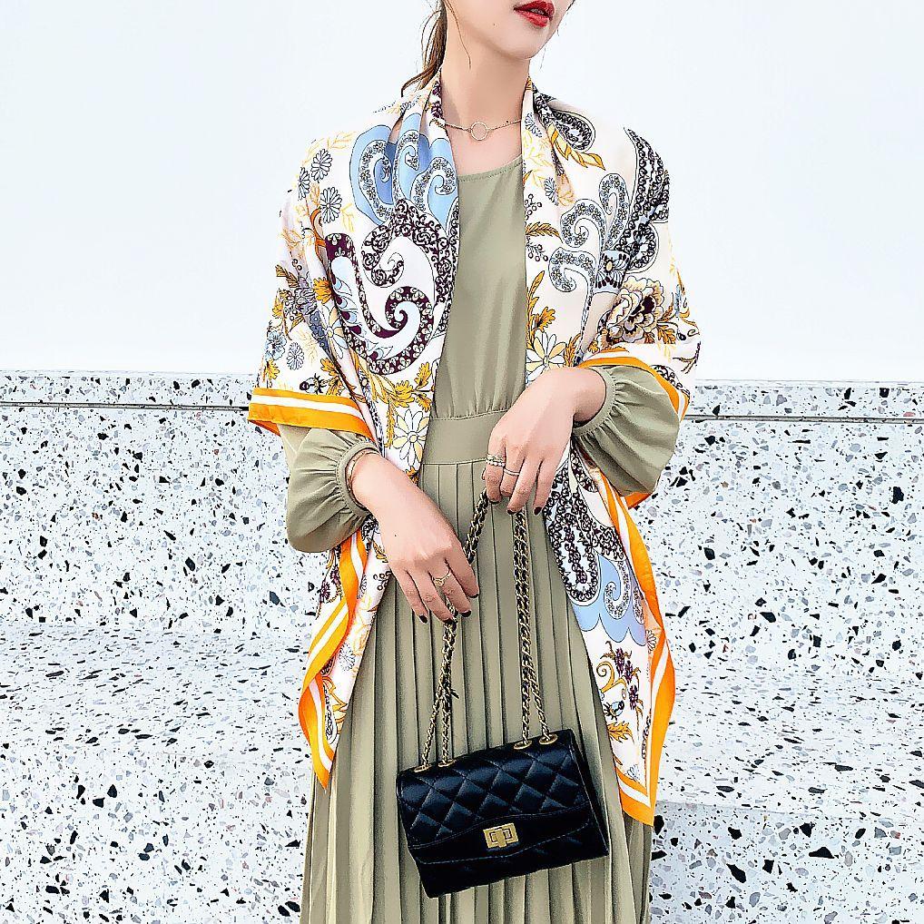 Silk Scarf Women Large Shawls Cashew Flower Print Stoles Square Bandana Luxury Kerchief Hijab Female Foulards 130CM