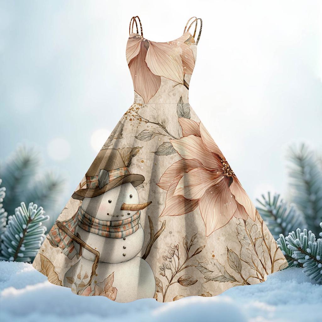 Women's Christmas Print Casual Fashion Round Neck Mid-Length Dress