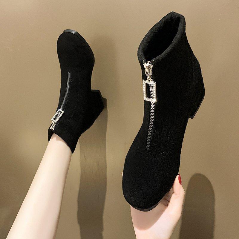 Autumn New Elastic Women's Short Boots Thick Heel Front Zipper Femme Shoes Square Toe Heel Black Suede Women's Botas Femininas