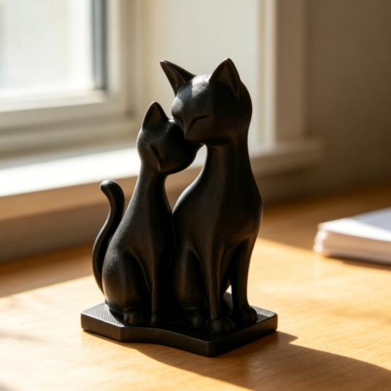 3D Printed Cat Figurine, 2 Cats Intertwining Sculpture, Modern Black Cat Statue for Home, Living Room, Office Desk, Shelf Decor