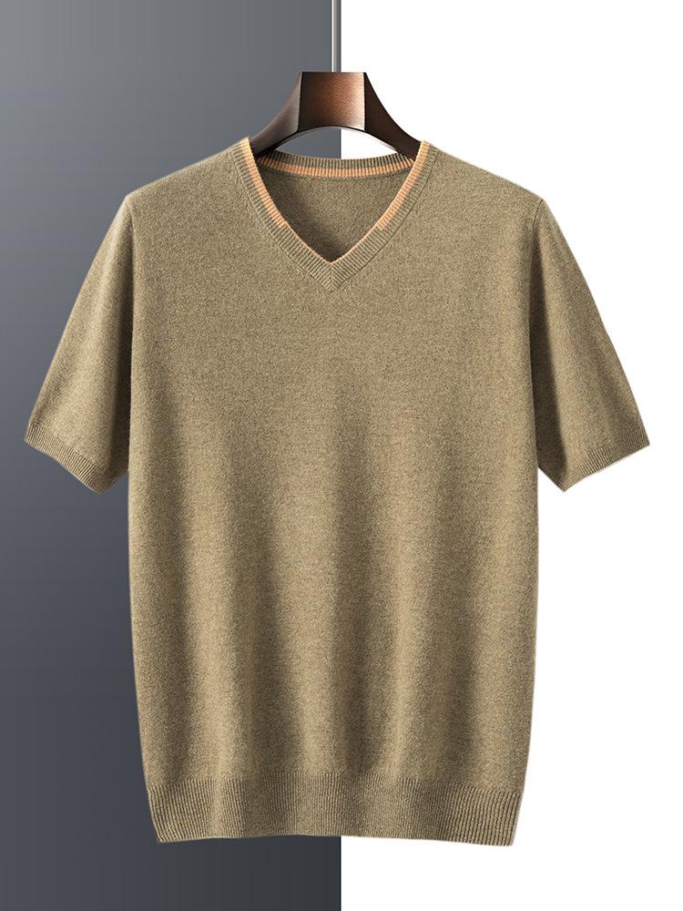 Men's V-neck Cashmere Sweater: Autumn/Winter Short Sleeve, Loose-Fit Knitwear, Color Block Half Sleeve, Casual and Trendy.