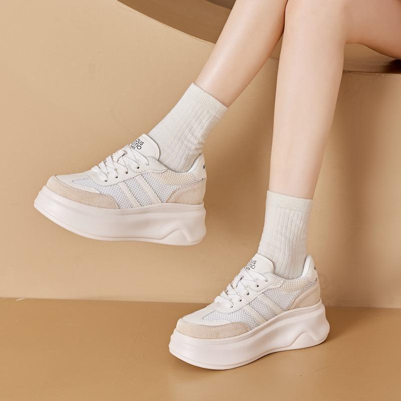 Leather mesh white shoes women's thick-soled inner height increase dad shoes women's lace-up casual student shoes women