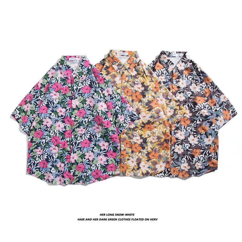 

Летняя мужская мода в корейском стиле с коротким рукавом в гавайском стиле с цветочным дизайном, повседневные пляжные рубашки с цветочным принтом, одежда для морского курорта, темно-синяя