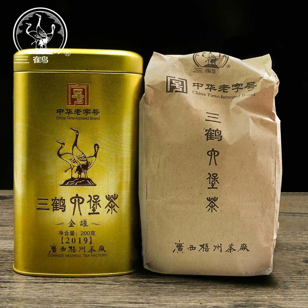 Three Cranes Sanhe 2019 Liu Pao Tea løs mørk te Guangxi Wuzhou Liupao Box Teas Golden Jar 200g