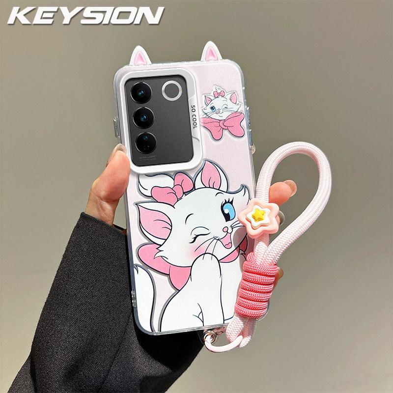 KEYSION Cute Ear Cartoon Case for VIVO V27 5G with Lanyard Soft Silicone+PC Shockproof Phone Back Cover for VIVO V27 5G