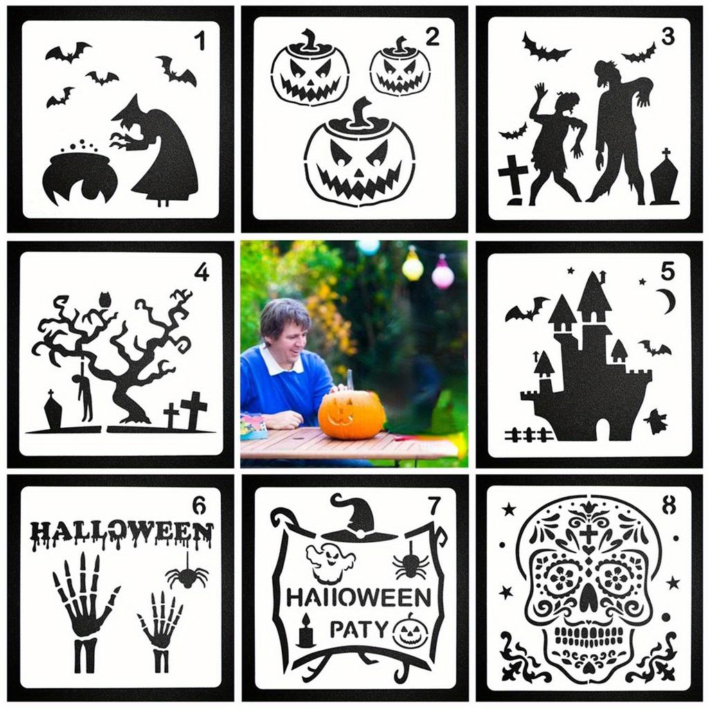 8pcs/set, 13*13cm/5.12*5.12 Inches, Holiday Model Handbook Templates, Halloween Templates, Skeleton Drawing Boards, Scrapbooking Decorations