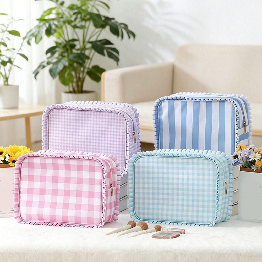 Waterproof Lacework Makeup Bags Nylon Grid Printing Storage Bag Toiletry Organizer  for Women Girls
