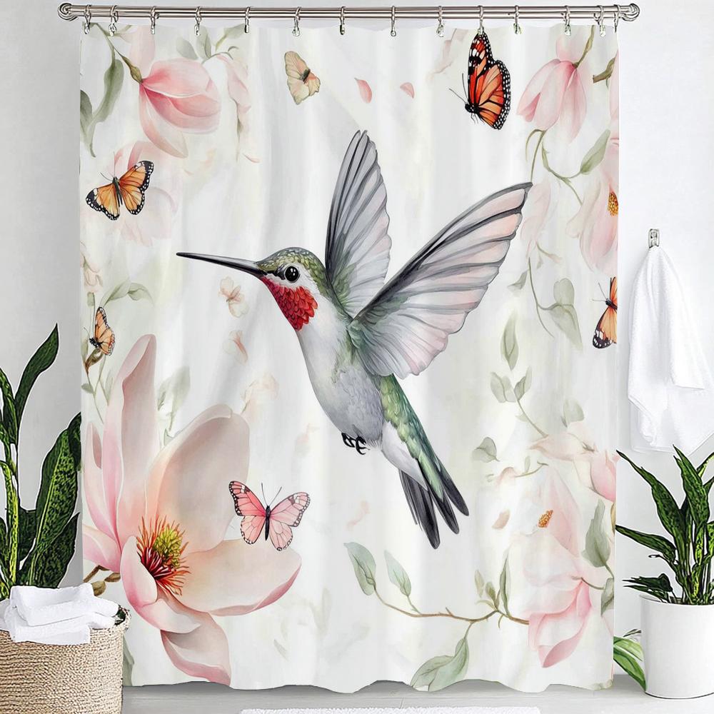 1pc Flowers Hummingbird Shower Curtain: Embrace the Artistic Design, Floral Bathroom Decorative Curtain, Home Curtain with Hooks