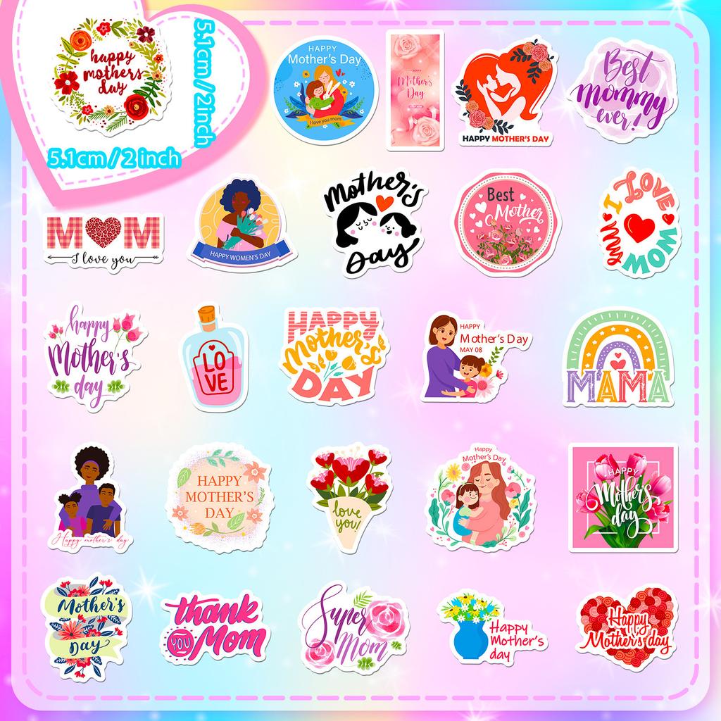 50 I LOVE YOU MOM Stickers Happy Mother's Day Mom Flower Bouquet Baking Cake Label Stickers