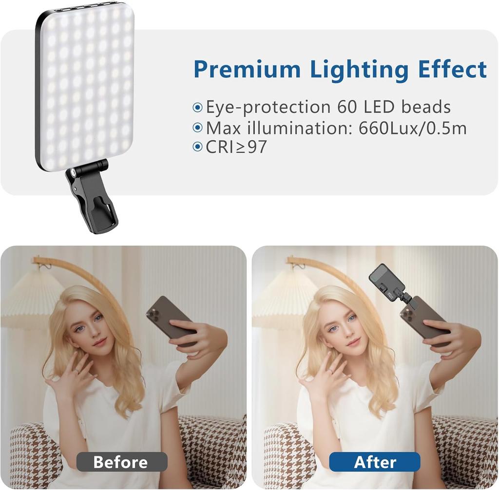 60 LED Portable Selfie Light Video Conference Lighting with Clip & Camera Tripod Adapter Rechargeable CRI 97+, 3 Light Modes