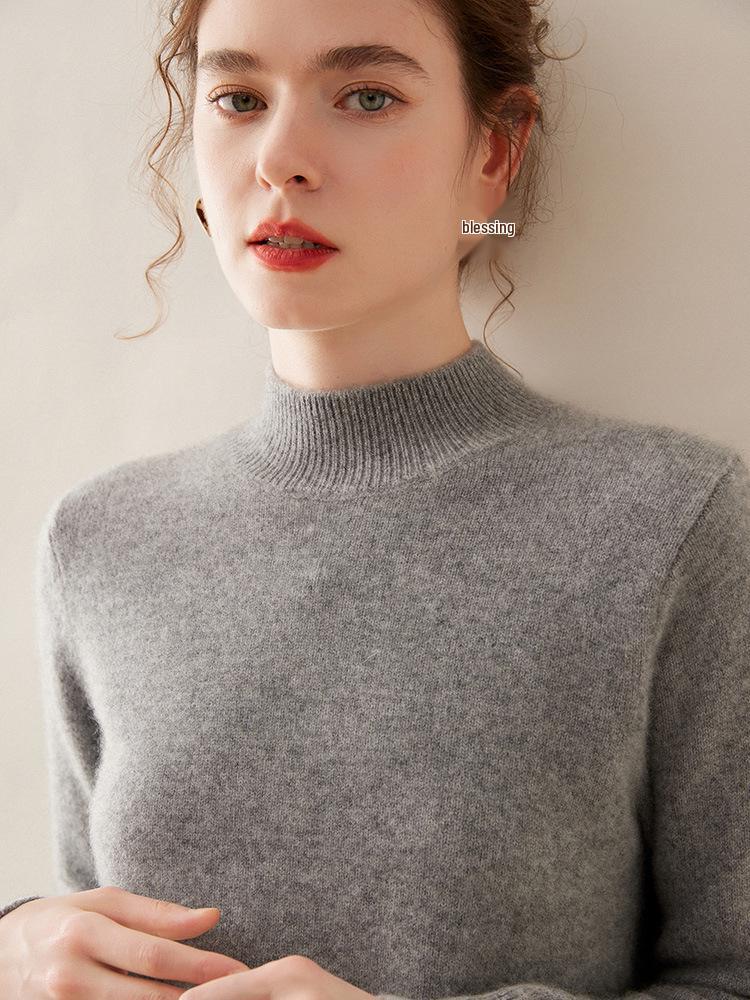 Women's Slim-Fit Half-High Neck Warm Cashmere Knitted Sweater Pullover - Versatile Autumn/Winter Wear