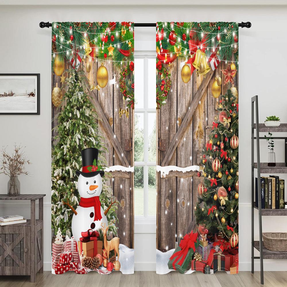 2 Pieces, Christmas Tree Wooden Door Snowman Curtains -30% Blackout - Suitable for Living Room, Bedroom, Kitchen, Home Decoratio