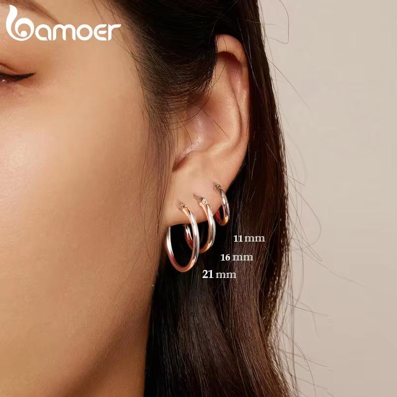 BAMOER 925 Silver Bold Classic Hypoallergenic Hoop Earrings, 14K White Gold Plated Glossy Tube Earrings for Women Gift