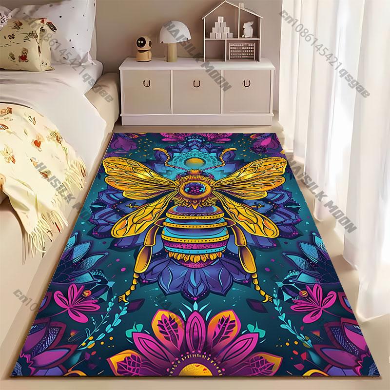 Vibrant bee surrounded by flowers carpet Yoga living room room decor children's crawling mat doormat area rug games mat