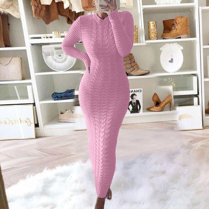 Autumn/Winter Women's Cable Knit Long-Sleeve Wool Dress