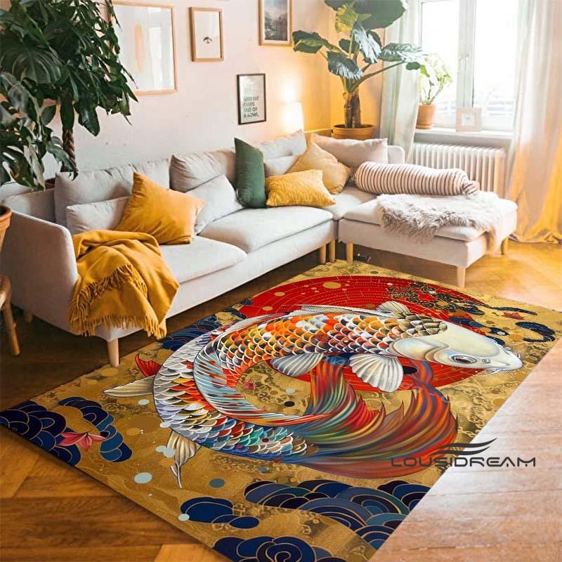 Tappeto Cartoon Lussuoso Pesce Koi Fortunato Yin Yang Carpa per Camera da Letto Soggiorno Divano Tappetino d'Ingresso Casa, Tappetino Pavimento Grande Antiscivolo per Bambini