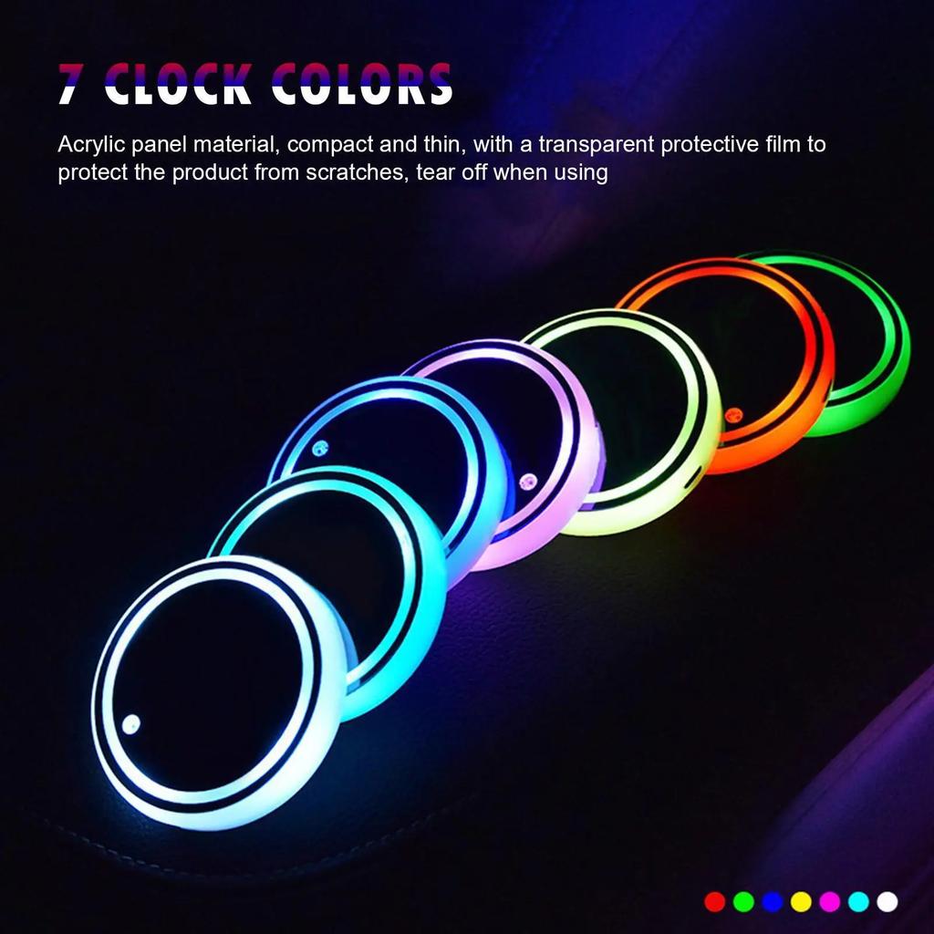 7 Color Changing LED Car Cup Holder Lights Rear Windshield Decorative Ambient Lighting & Glowing Coaster Pads
