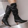 Retro Pleats Thigh High Boots For Women Autumn Thick Heeled Pointed Toe Cowboy Boots Woman Slip On Western Long Botas Mujer