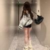 American Spice Girl letter print gray sweater women's early autumn design sense loose casual oversize slanted shoulder
