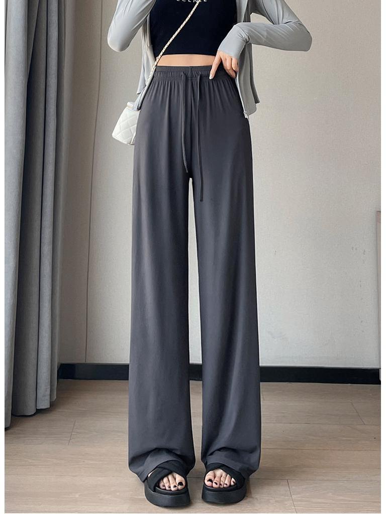 2025 Women's Summer Ice Silk Wide-Leg Floor-Length Pants - Thin, Loose, Slimming, Casual Straight Leg Fit