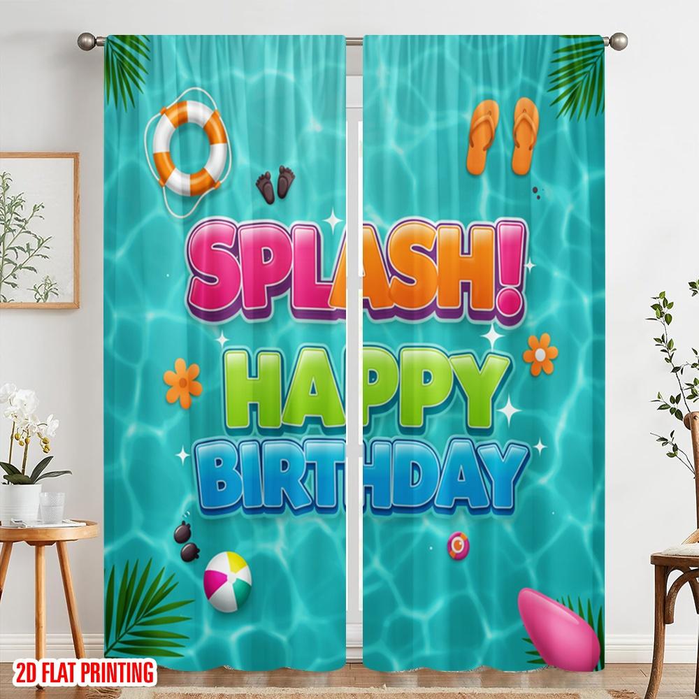 2pcs 2D Flat Printing Curtains Pool Party Happy Birthday Fabric Without Electricity 0 Use for Photo Booth Props