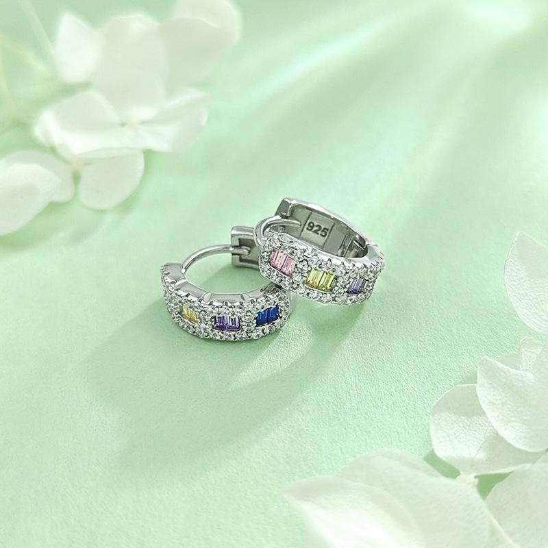 Elegant Multi-Color Diamond 925 Sterling Silver Earrings - Versatile Hip Hop Studs and Shiny Hoops for Women