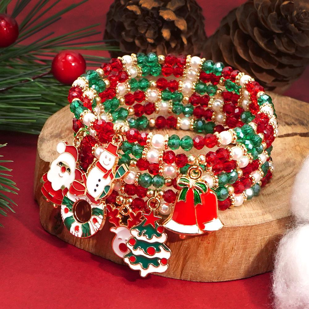 Christmas Crystal Beaded Bracelets with Santa and Snowman Charms - Holiday Gift Assortment