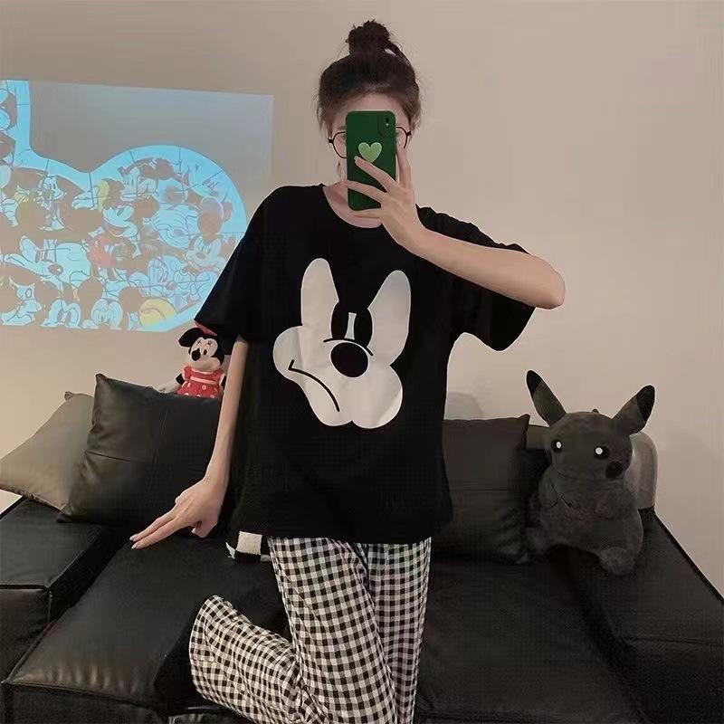 Short-sleeved long pants pajamas women's summer cartoon cute can be worn outside plaid loungewear imitation cotton suit summer thin