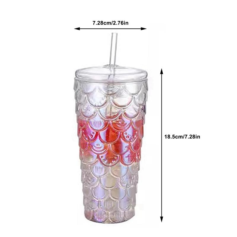 Fish Scale Pattern Non-slip Glass Straw Cup Glass Cups with Lids and Straws Ripple Glassware For Hot and Cold Drinks