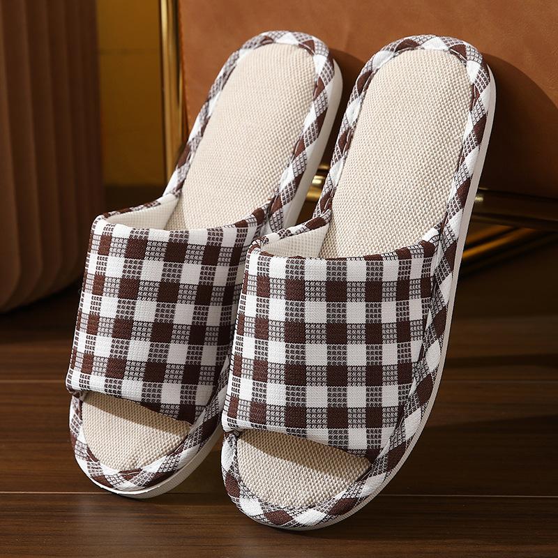 New Four Seasons Wood Flooring Home Couple Cotton and Hemp Four Seasons Cloth Slippers Diamond Checkerboard and Linen Slippers