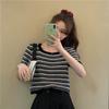 Black and White Striped Knitted Sweater T-shirt Women's Short Short-sleeved Top Summer New High-waisted Korean Version Loose Ins Tide