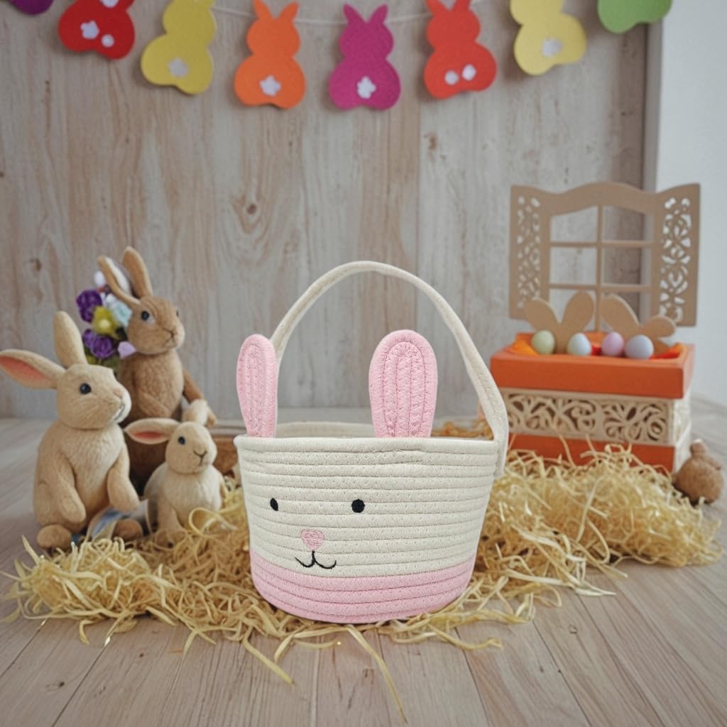 Easter Basket, Easter Bunny Baskets with Handle, Baby Gift Baskets, Egg Buckets Gifts Tote Bags Egg Hunt Basket for Kids, Boys, Girls, Toddler,