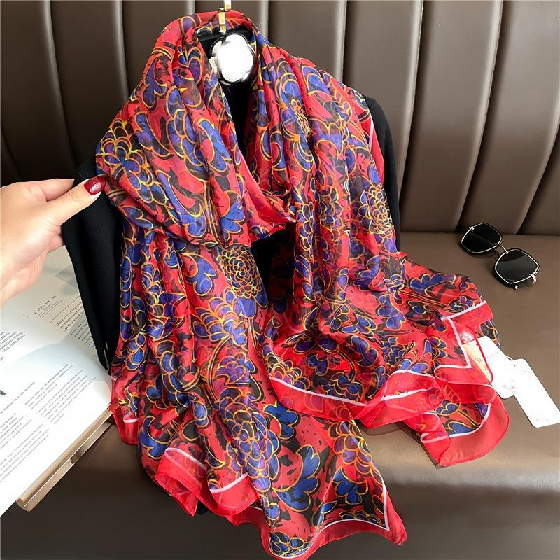 Flower simulation silk pattern scarf women's large size sunscreen light luxury silk scarf commuting large shawl soft yarn temperament