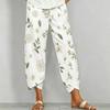 Women Plus Size Loose Fit White Blue Floral Printed Cross Hem Cropped Pants With Pockets