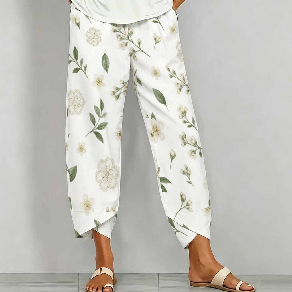 Women Plus Size Loose Fit White Blue Floral Printed Cross Hem Cropped Pants With Pockets