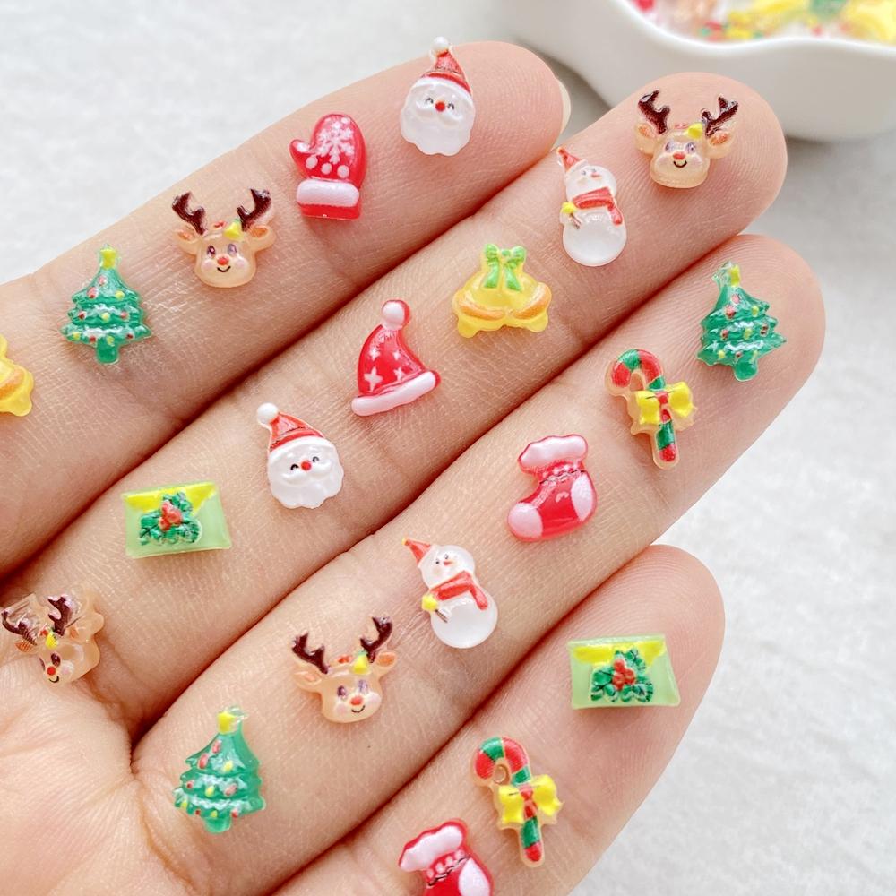 50pcs Resin Mini Cartoon Santa Claus Snowman Deer Bell Cane Christmas Tree Flat Back Nails Art Decor DIY Scrapbook Accessories