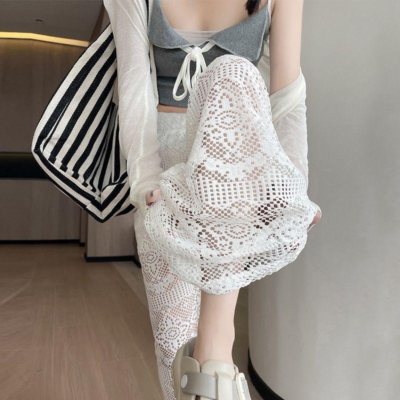 Spitzenbesatz Hohl Weiß Hohe Taille Drapierung Slim Koreanisch Boden Weites Bein Lässige Hose für Sommer