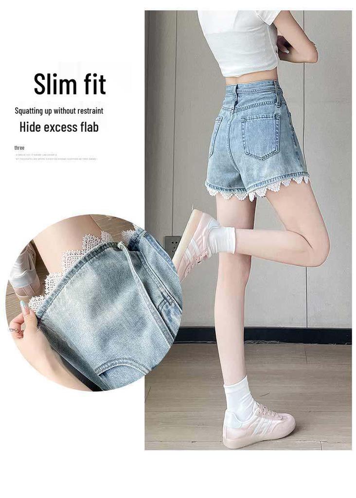 Women's High-Waisted A-line Denim Shorts with Lace Trim
