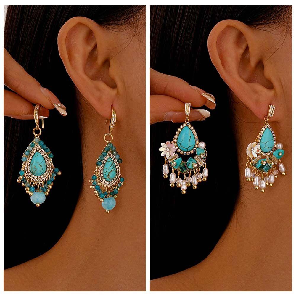 Pearl Flower Shape Bohemian Turquoise Earrings Bohemia Style Earrings Pendant  Summer Party