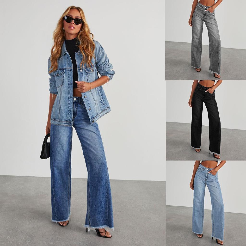 Dame Jeans Løse Afslappede Lige Ben Vide Ben Bukser Gulvlang Bukser