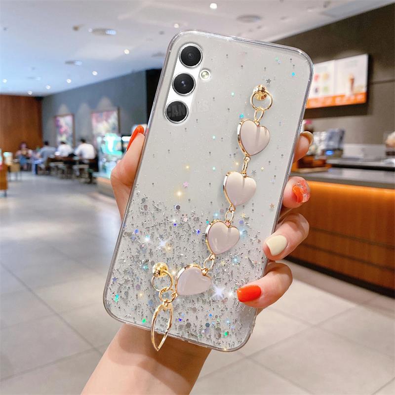 

A 54 34 14 15 Блестящий чехол с цепочкой на запястье Love Heart для Samsung Galaxy A54 A34 A14 A24 A15 A25 M14 M34 M54, силиконовый чехол для браслета A24 4G