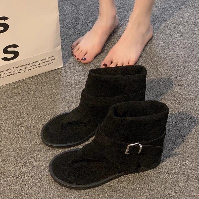 Französische Flip-Flops Damen Flachboden Cool Boots tragen 2025 neu Retro Flachboden Temperament Ärmelhose Kurze Stiefel