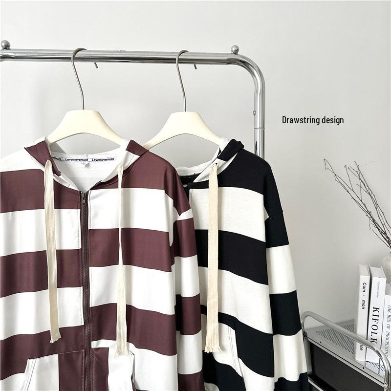 2023 Fall/Winter Women's Korean Loose BF Long Sleeve Cardigan Hoodie – College Style Striped Top