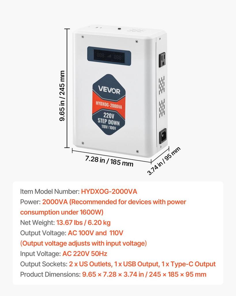 Step Down Voltage Converter, 2000VA, Heavy Duty Voltage Power Converter, 220V To 110V Power Transformer, with 2 US Outlets, USB Output, LCD Display,