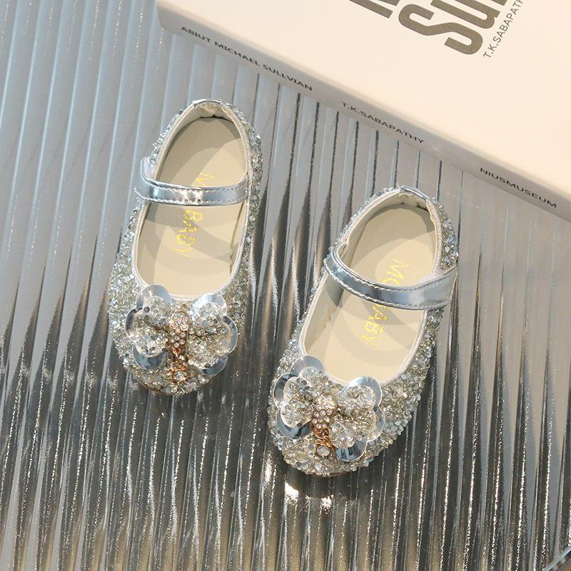 Fashion Little Girls Sequin Bow Soft Sole Princess Leather Performance Shoes 21 серебряный
