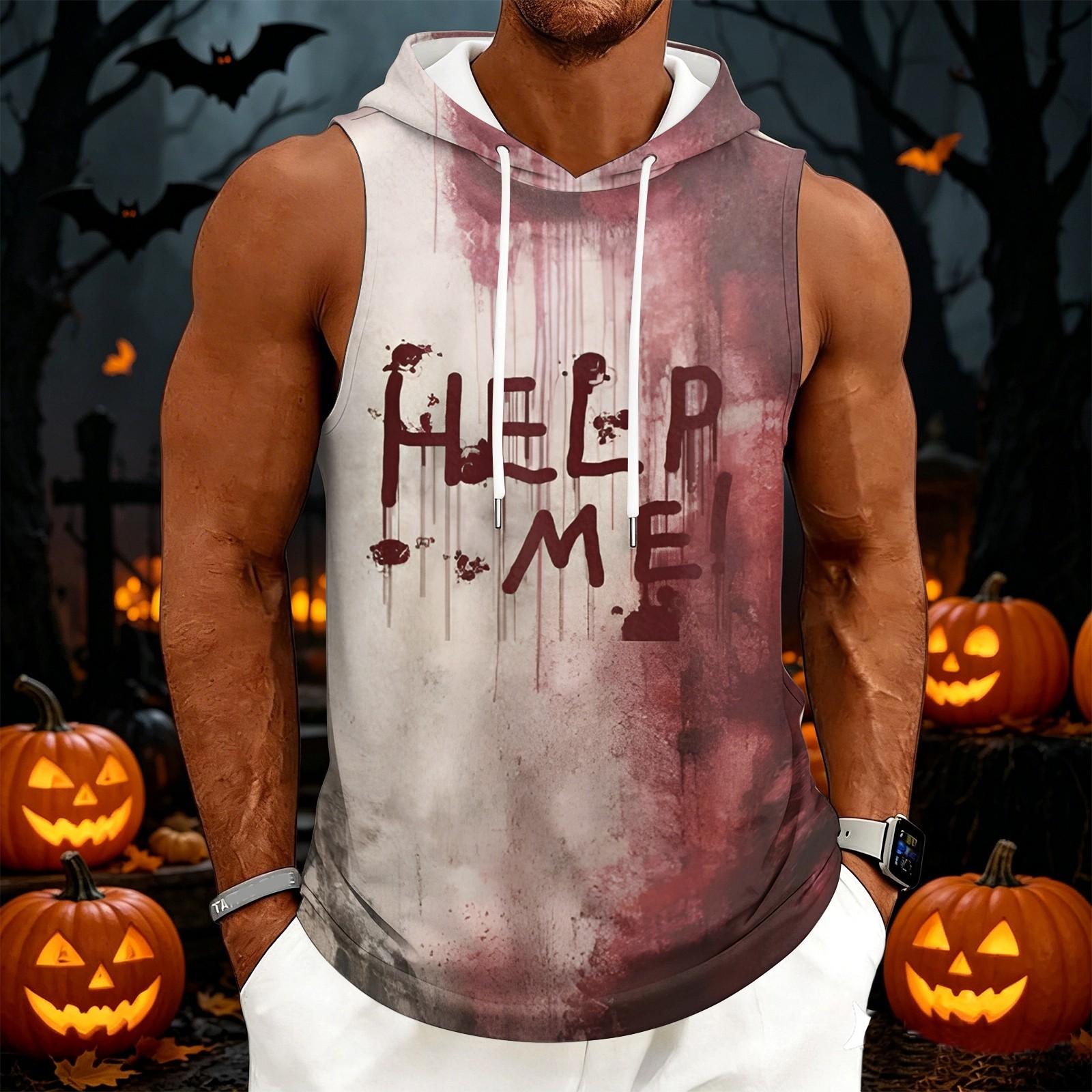 Men s Sleeveless Hoodie Casual Pullover Drawstring Hooded Tank Top Halloween Print Muscle Fit Athletic Vest S