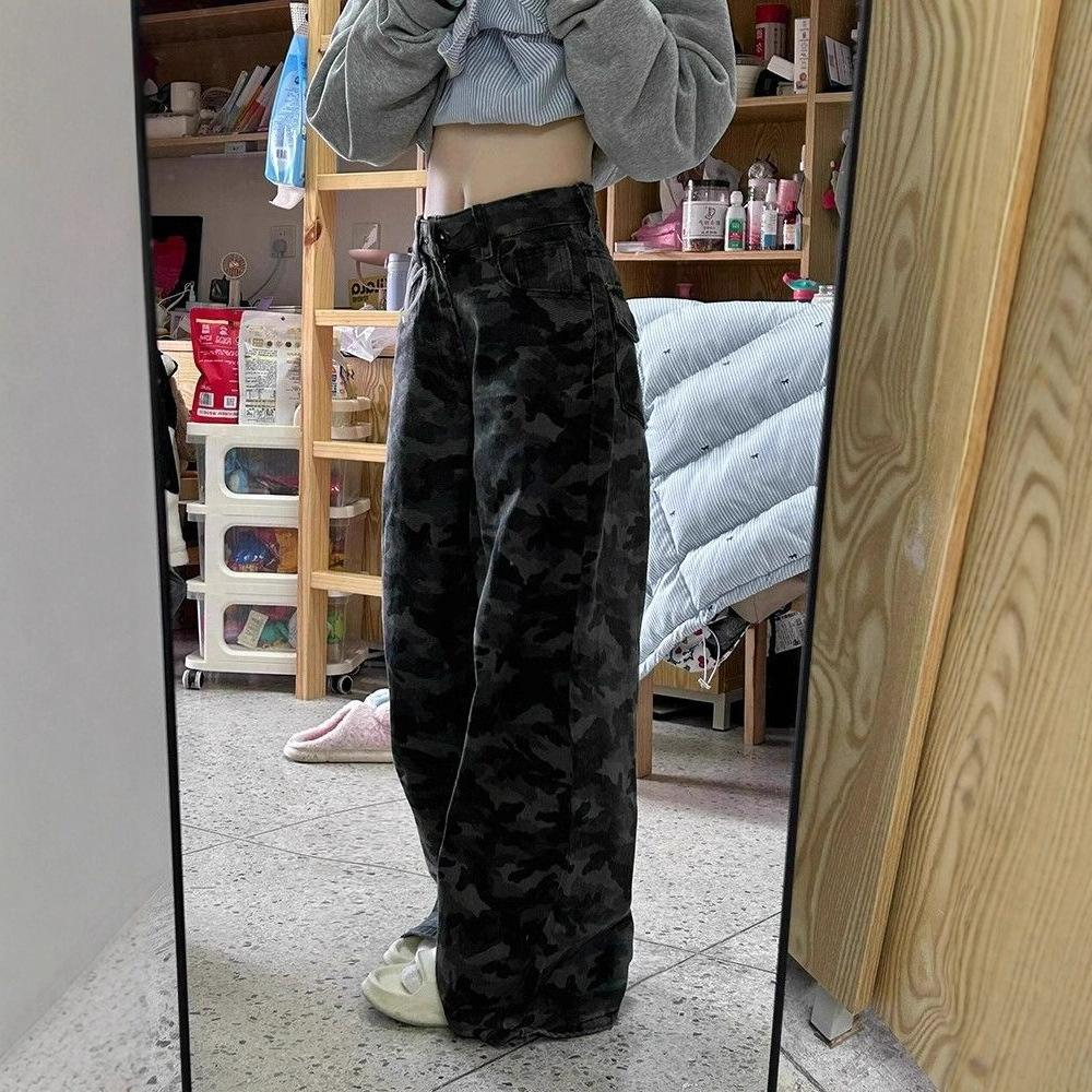 Comfortable Work Camouflage Wide-legged Jeans Female Autumn Loose Straight High-waisted Thin Trailing Trousers Jeans for Women Long Denim Pants