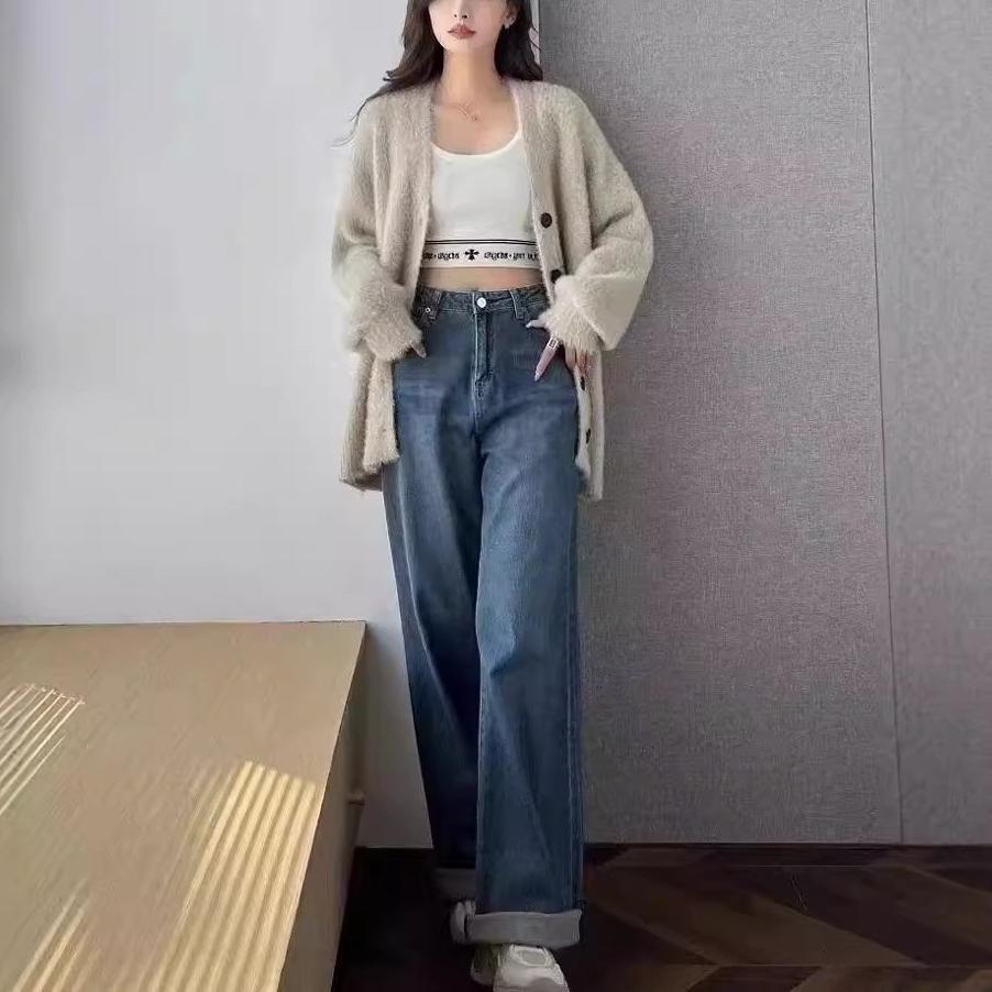 Temperament Elegant Imitation Mink V-neck Lazy Wind Sweater Women's Autumn and Winter Solid Color Pocket Knitted Cardigan