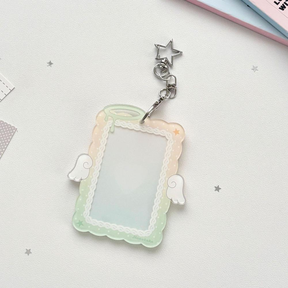 Kawaii Acrylic Photocard Holder Angel Wings with Star Keychain Card Sleeve Hard Card Protector 3-inch Photos Card Cover
