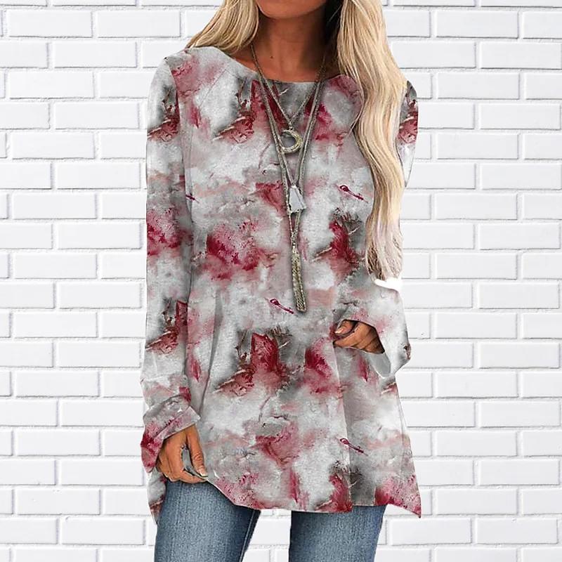 

Женская футболка больших размеров с цветочным принтом, удобная, с длинным рукавом и круглым вырезом, повседневная, свободного кроя, средней длины 8XL красный